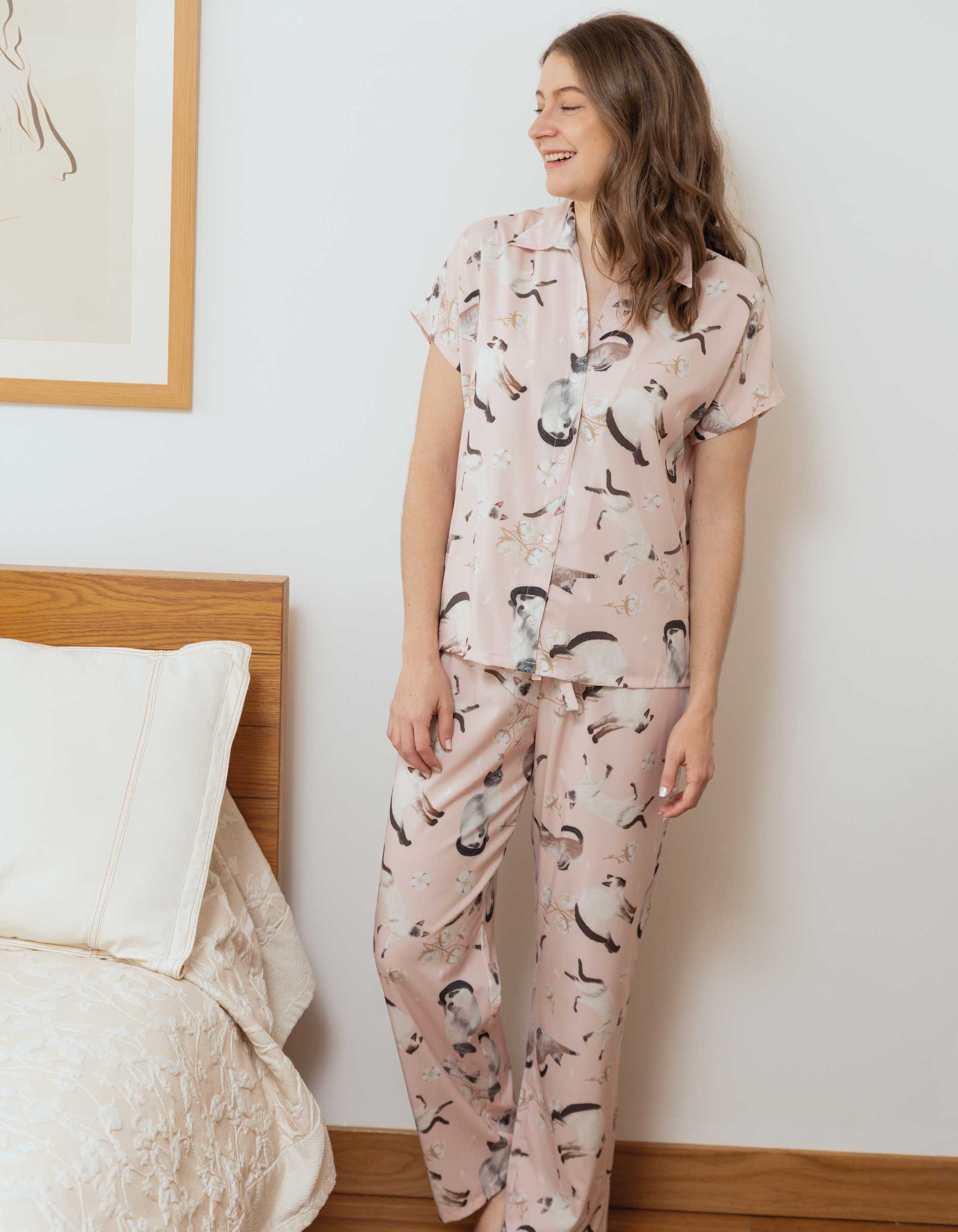 PIJAMA PANTALÓN GATOS SIAMÉS ROSADA TP0062