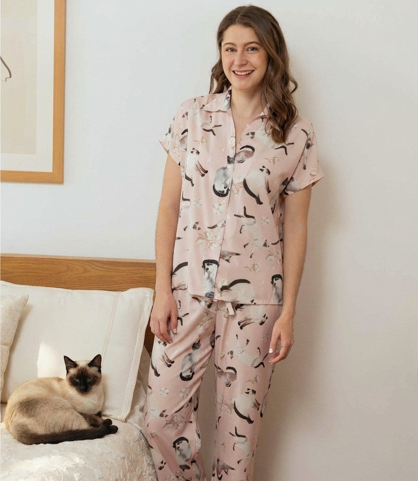 PIJAMA PANTALÓN GATOS SIAMÉS ROSADA TP0062