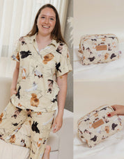 KIT PIJAMA & COSMETIQUERA GATOS  AMARILLO