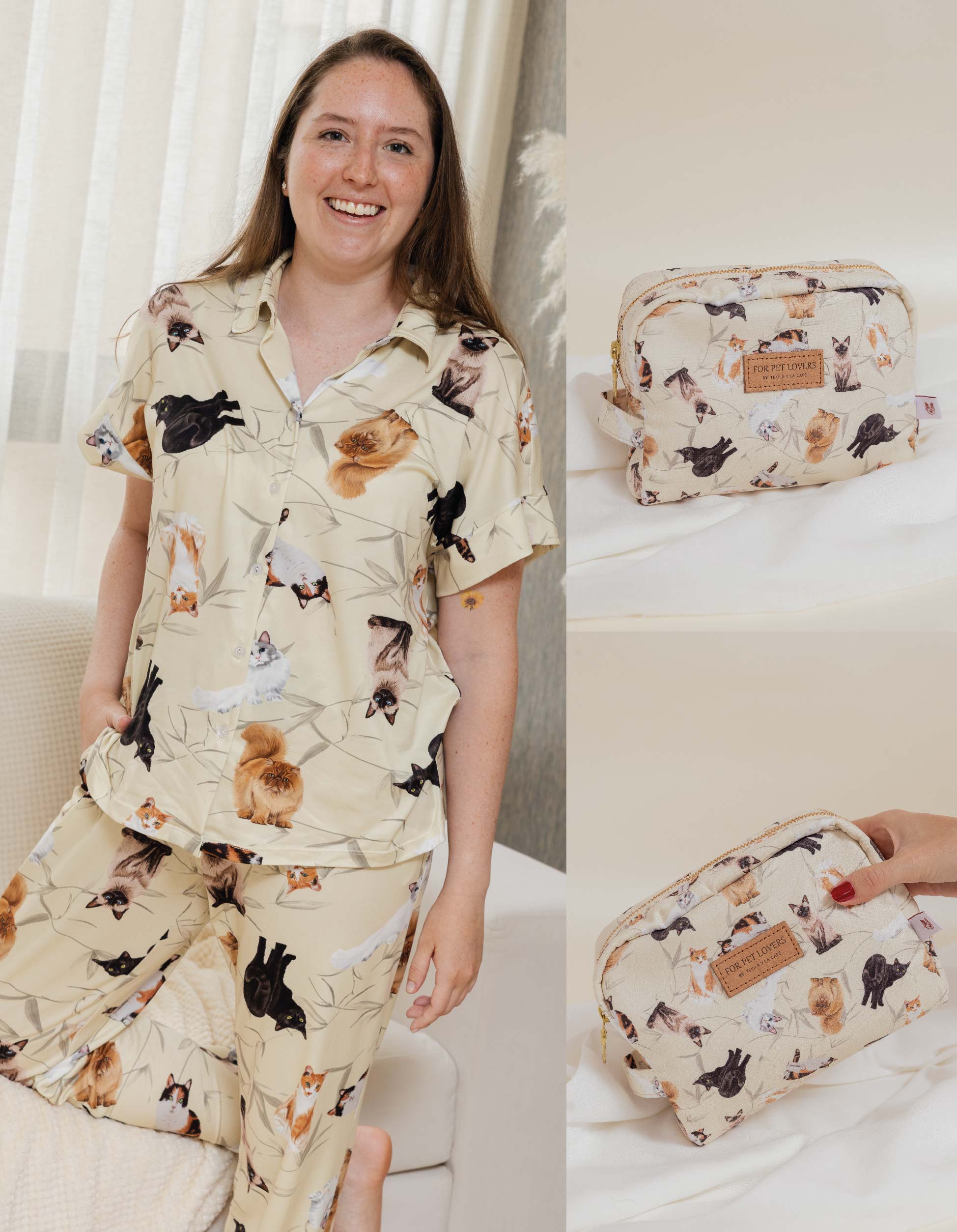 KIT PIJAMA & COSMETIQUERA GATOS  AMARILLO