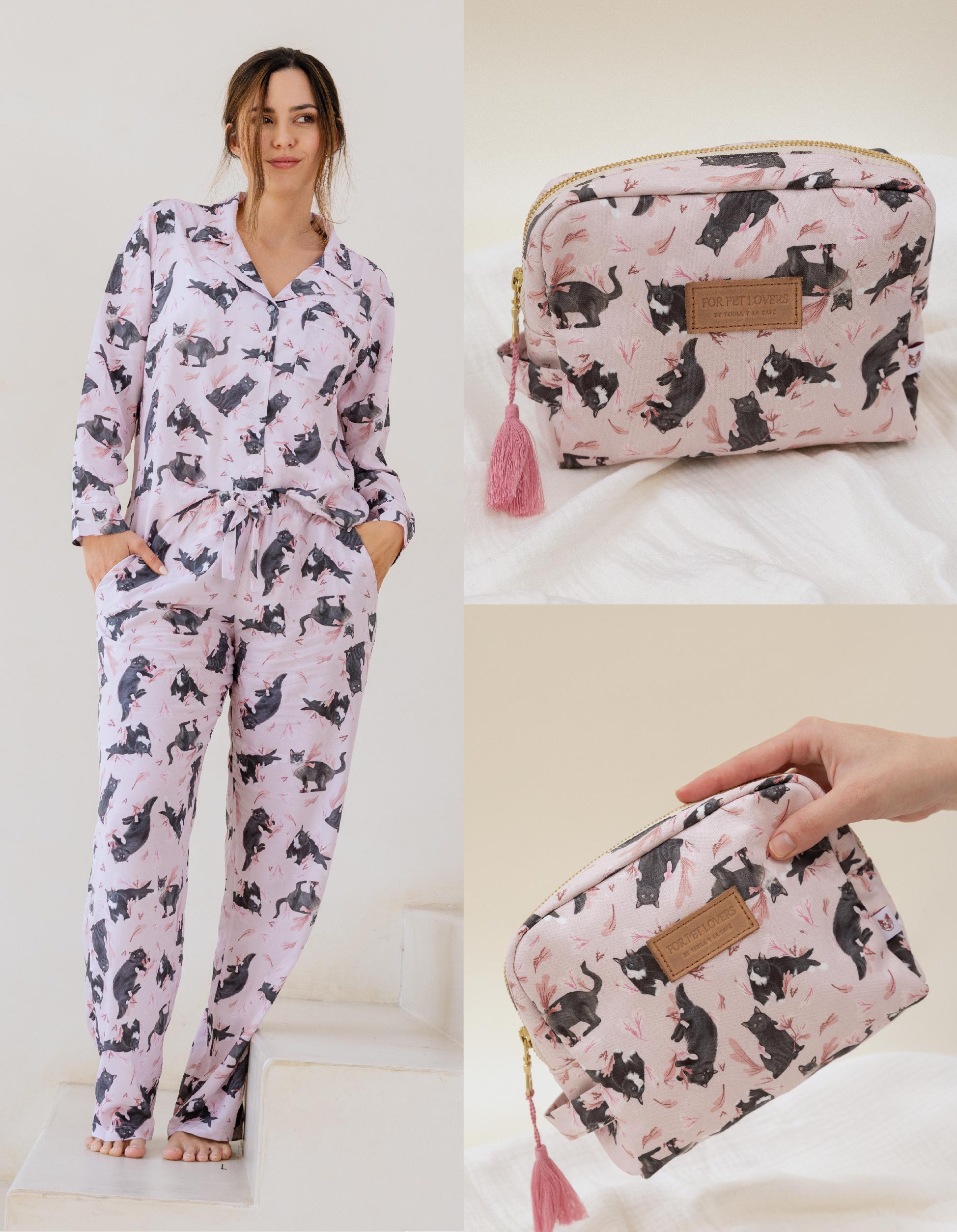 KIT PIJAMA & COSMETIQUERA GATOS NEGROS